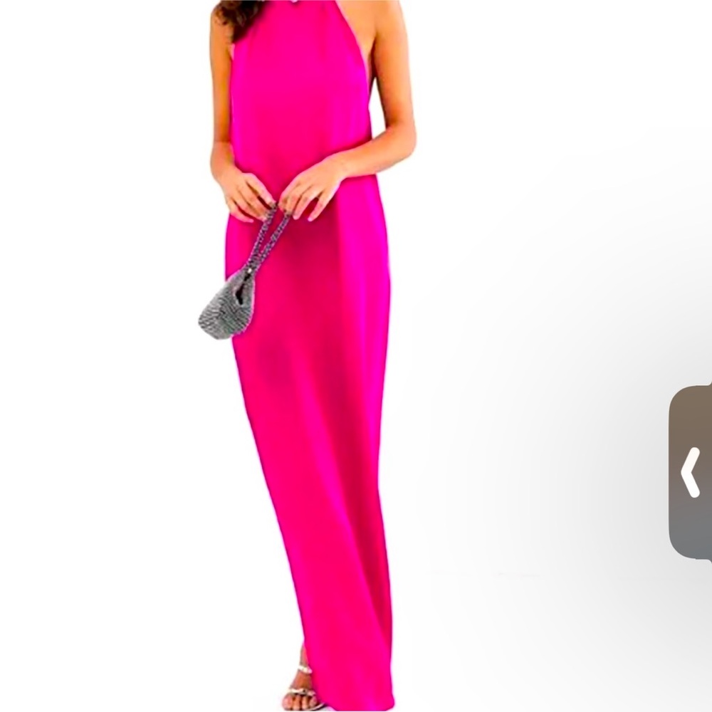 LAUREN RALPH LAUREN Black Label Vibrant Pink Fuscia Halter Lined Maxi Dress